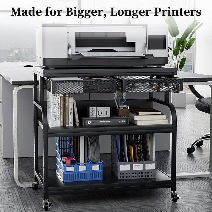 EasyCom 32.3"x18.9" Extra Large Printer Stand with Double Drawers, 5-Adjustable Heights 3 Tier Table with Wheels, Rolling Printer Cart with Storage for Printer Scanner Fax Home Office Use