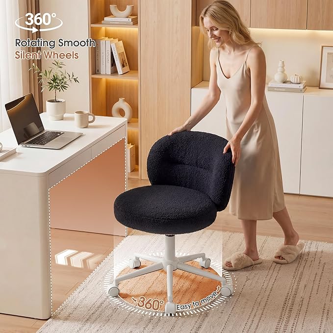 Homkdom Small Round Desk Chair, Armless Vanity Chair with Wheels, Height Adjustable & 360° Swivel, Cute Comfy Vanity Computer Chair for Bedroom, Home Office, Black