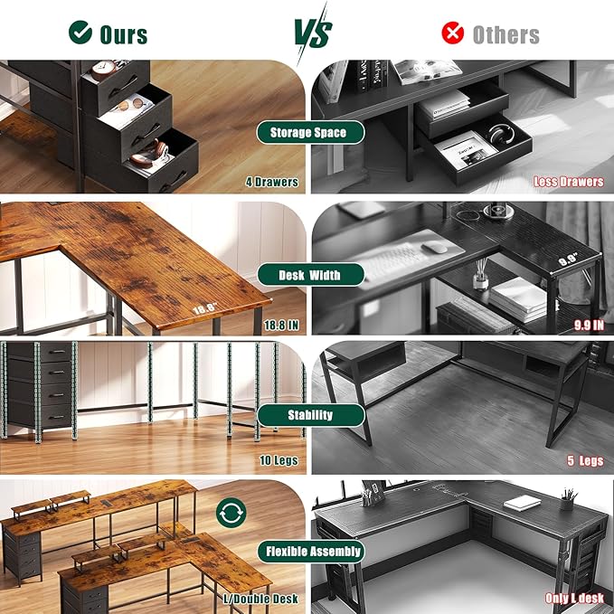 Korfile 59 inch L Shaped Computer Desk with Power Outlets, Home Office Desk with 4 Adjustable Storage Drawers & 2 Monitor Stands, Two Person Gaming Table for Bedroom, Rustic Brown