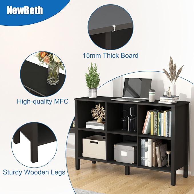 6-Cube Bookcase, Farmhouse Wooden Bookshelf Low Storage Organizer, 45" Horizontal Black Console with Legs, Hallway Book Case for Entryway, Display Cabinet for Living Room (Black, 6-Cube)