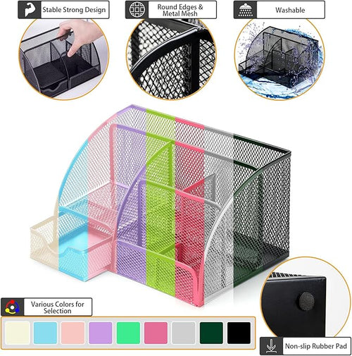 Boutilon Mesh Desk Organizer Desktop Office Supplies Stationary Organizer with 6 Compartments and 1 Drawer Multi-Functional Caddy Pen Holder for Home Office School Desk Decor(Rose Red)