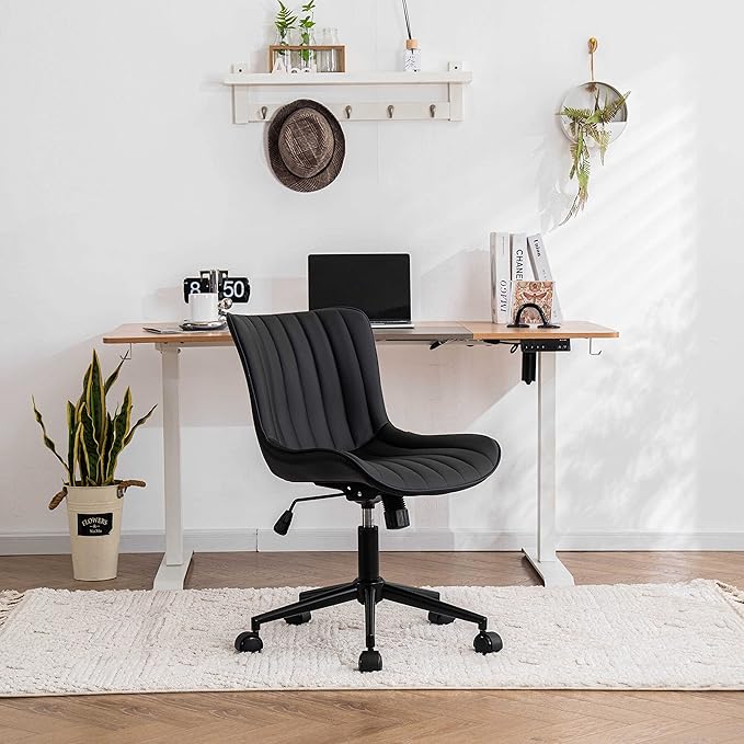 YOUNIKE Black Home Office Desk Chair with Wheels Comfy Armless Cute Vanity Chair with Adjustable Rocking Back Modern Leather Upholstered Rolling Swivel Small Task Drafting Sewing Chair Compact