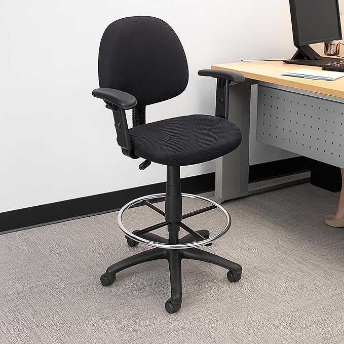 Benzara Jea Drafting Stool Chair, Adjustable Arms, Black Tweed, Round Footring