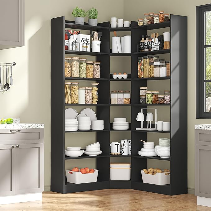 Semoic 70.8" Tall Corner Bookshelf, 7 Tiers Large Etagere Bookcases with Baffles, L-Shaped Modern Storage Display Rack Industrial Bookshelves for Bedroom, Home Office, Living Room & Kitchen, Black
