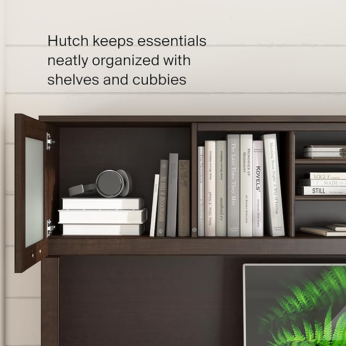Bush Home Somerset 72W 3 Position Sit to Stand L Shaped Desk with Hutch in Mocha Cherry | Adjustable Height Table for Home Office