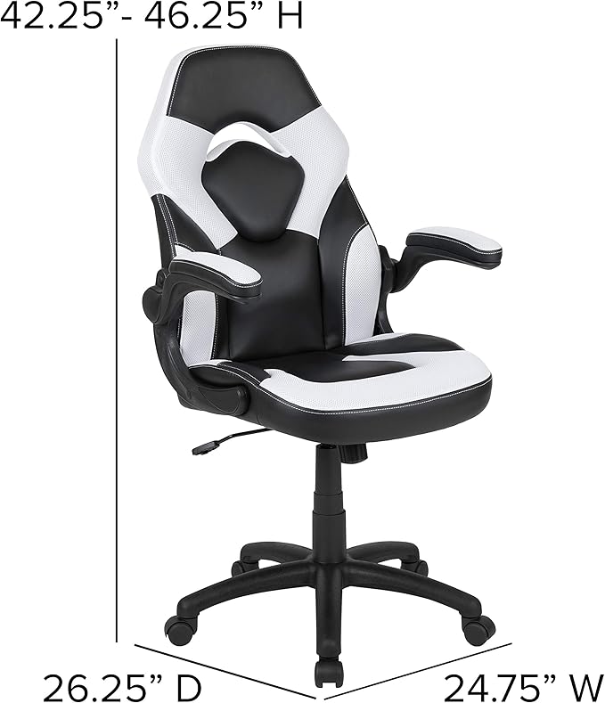 Flash Furniture X10 High-Back LeatherSoft Racing Style Gaming Chair with Flip-Up Arms, Ergonomic Padded Swivel Computer Chair, White/Black