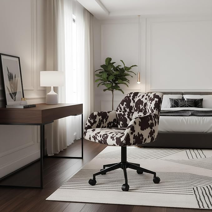 Modern Swivel Home Office Desk Chair with Wheels, Cow Print Velvet Height Adjustable Comfortable Ergonomic Upholstered Vanity Make up Chair, Cute Cowhide Computer Armchair for Living Room Home