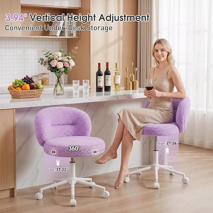 Homkdom Small Round Vanity Chair, Armless Home Office Desk Chairs with Back, Height Adjustable & 360° Swivel, Cute Comfy Vanity Computer Chair for Bedroom, Home Office, Purple