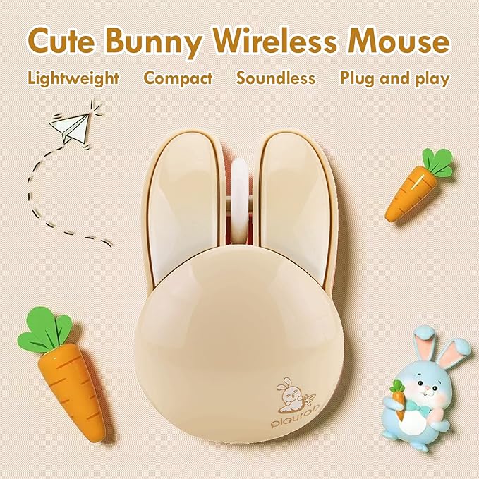 Lomiluskr Cute Bunny Wireless Mouse, Lightweight Soundless Mice, 2.4G Wireless Mice, Candy Colors, Kawaii Rabbit Mouse for Girls and Kids (Beige Bunny)
