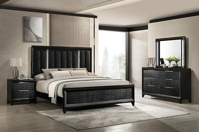GOWE 1pc Modern Contemporary Transitional Black Textured Finish 6-Drawer Storage Dresser Wooden Solid Wood Bedroom Living Room Home Furniture Modern Style Black Color Six Storage Drawers