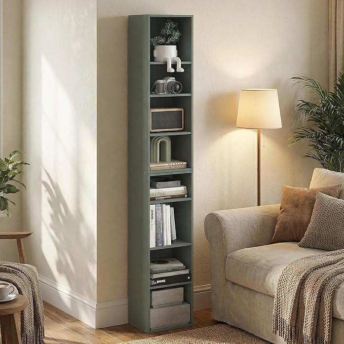 Furinno PASIR Book Shelf, 8-Tier Separable Tall Bookshelf, Stackable Bookcase with Adjustable Open Shelf, 9.3 x 11.8 x 70.9, for Living Room, Bedroom, Home Office, Sage Green