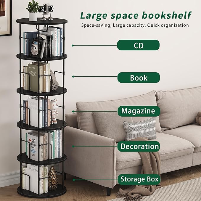 5Tier Rotating Bookshelf, Spinning Bookshelf Tower,360 ° Display Space Saving Standing Round Swivel Bookcase Corner Storage Organizer for Bedroom Living Room Office，Black