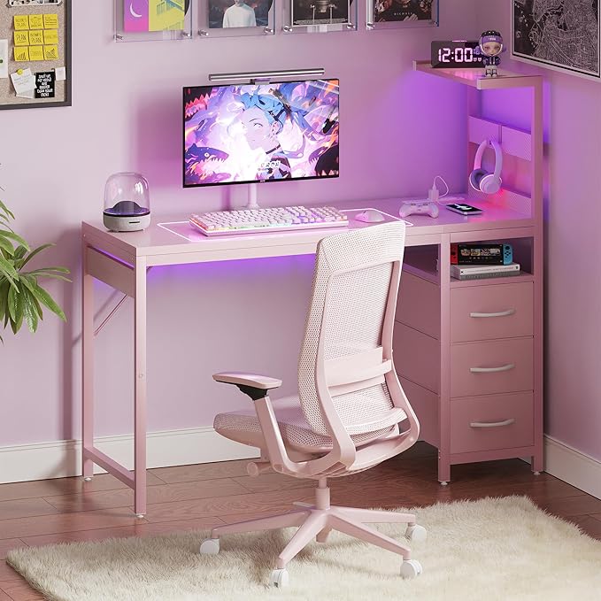 YOUDENOVA 48 Inch Gaming Computer Desk with Led Lights, Small Desk with Storage Shelves and Drawers, Reversible Compact Gamer Table for Home Office, Carbon Fiber Pink