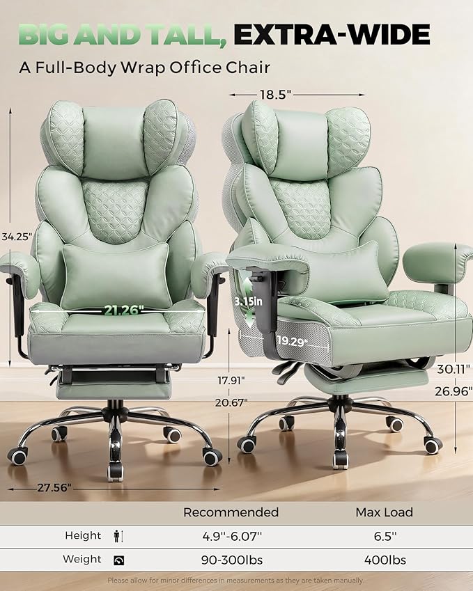 COMHOMA Big and Tall Office Chair with Upgrade Footrest, Heavy Duty Gaming Chair High Back Executive Chair with Spring Lumbar Support for Lower Back Pain Relief, 150°Reclining Adjustable Armrests