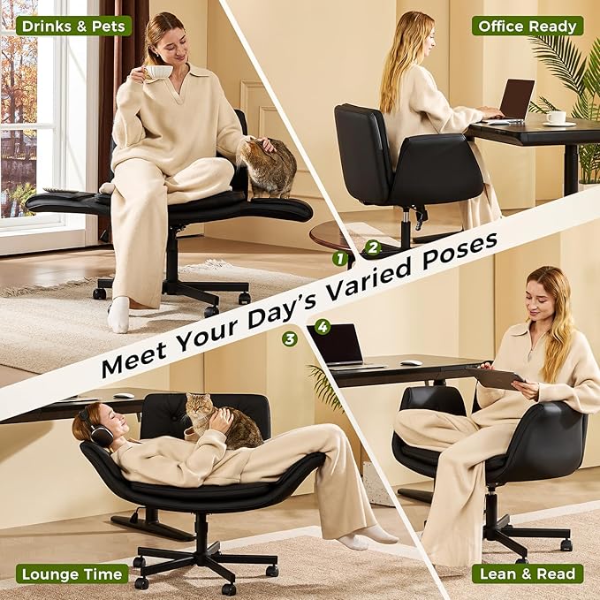 amseatec Criss Cross Chair with Armrests & Wheels, PU Leather ADHD Home Office Desk Chair, Comfortable Lounge Chair for Home, Make Up, Bed Room, 5-Gear Adjustable Arm,Wide Seat,Swivel(Black)