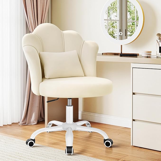 BestGlory Petal Vanity Chair with Wheels, 3.15" Extra Thick Comfy Makeup Chair, Adjustable Modern Swivel Armless Desk Chair for Girls Women, Aesthetic Small Office Chair for Bedroom Dorm