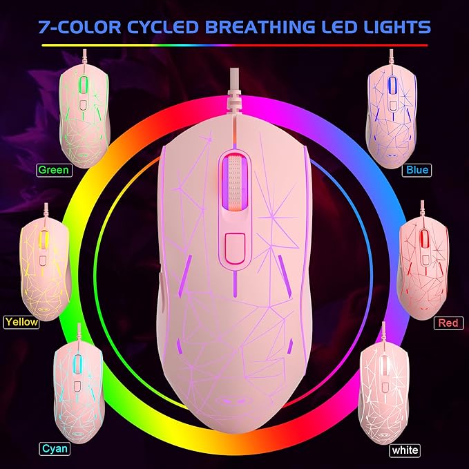 MageGee G6 Wired Gaming Mouse, Ergonomic USB Optical Mouse with 7 Colors Breathing LED Backlit, 6 Adjustable Speed Levels from 600 to 3200 for Laptop PC Computer Games & Work, Pink