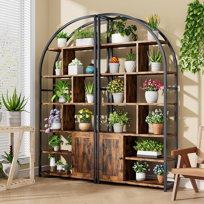 Jehiatek 71" Arc Gold Bookshelf with Storage Cabinet, Tall 6 Tiers Industrial Bookcase with Sturdy Metal Frame, Geometric Book Shelf for Lving Room, Home Office, Black and Brown