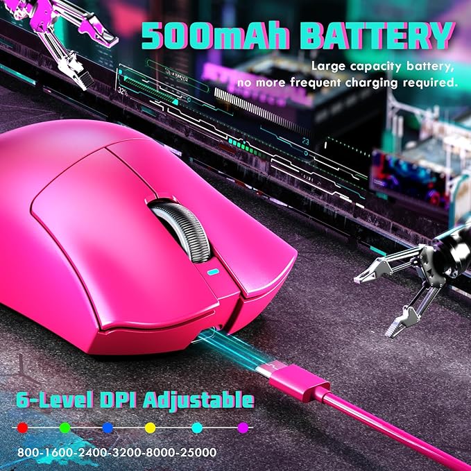 MAMBASNAKE Attack Shark V3 Wireless Gaming Mouse,Adjustable 25K DPI PAW3311 Optical Sensor,Ergonomic 62g Lightweight 5 Programmable Buttons 500mAH Battery,2.4G/BT/USB-C Wired for PC/Mac-Red