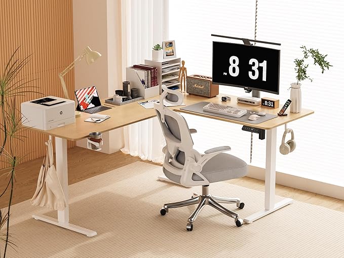 WALKINGDESK 55X45 Inches Reversible L Shaped Standing Desk Height Adjustable with Cup Holder, Electric Corner Computer Desk, Sit Stand up Home Office Desk, Ergonomic Gaming Desk, Oak