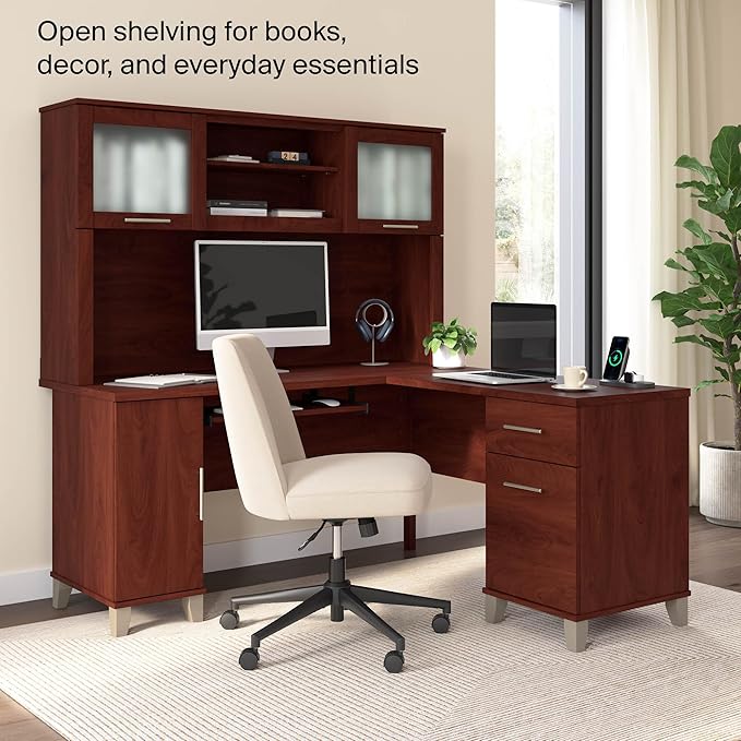 Bush Home 60-Inch Desk Hutch, Office Storage Organizer with Shelves, Cubbies and Frosted Glass Doors for Computer Desk, Home Office Furniture, Somerset Collection, Hansen Cherry