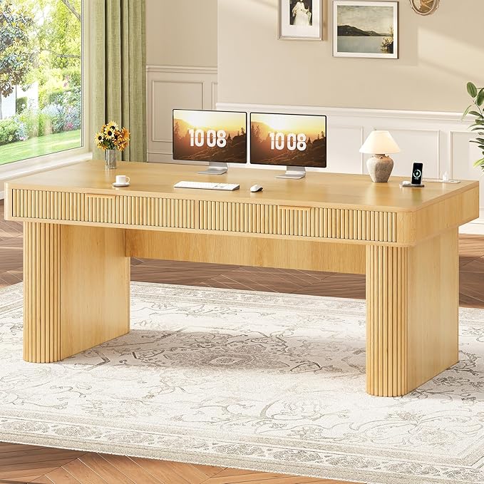 SEDETA Office Desk with 2 Drawers, 59" Fluted Computer Desk with Storage and Power Strip, Wood Executive Desk, Writing Desk for Home Office, Living Room, Bedroom, Oak