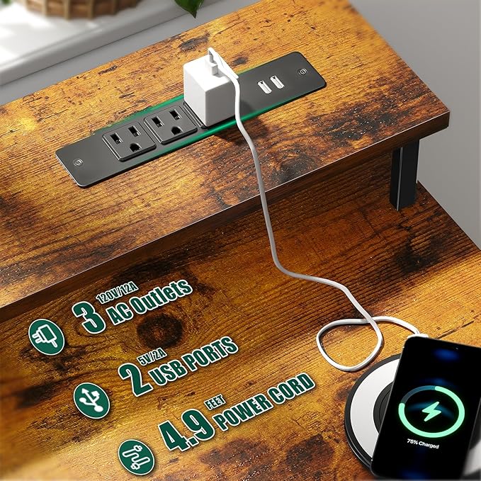 Korfile 55 Inch Gaming Desk with Power Outlets and LED Lights, Reversible Computer Desk with 5 Fabric Storage Drawers, Home Office Desk with Monitor Stand for Working Writing Study, Rustic Brown