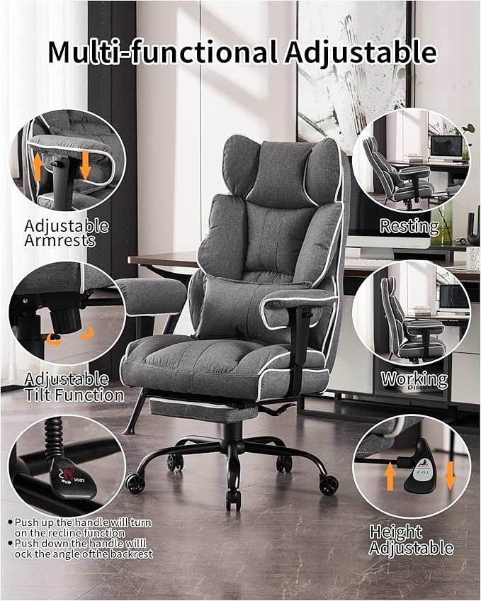 Efomao Fabric Office Chair, Big and Tall Office Chair 400 lb Weight Capacity, High Back Executive Office Chair with Foot Rest, Ergonomic Office Chair for Back Pain Relief, Gray