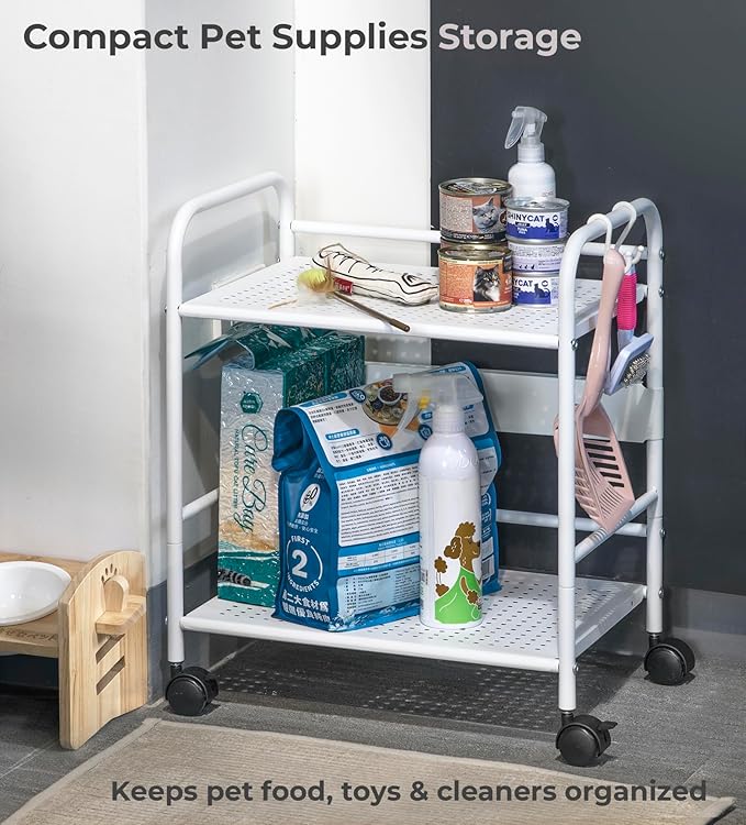 2-Tier Metal Rolling Cart, Under Desk Storage with 12.2" Shelf Clearance, Anti-Drop Guard & Hooks, Compact Utility Cart for Kitchen, Office, Laundry, Bathroom, Pantry, Living Room - White