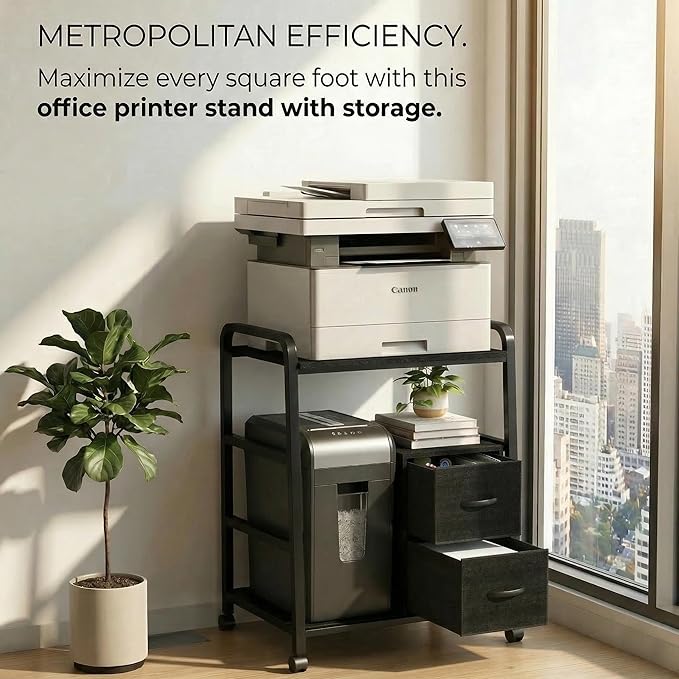 Printer Stand Featuring Fabric Drawers, Under Desk Host Computer Cabinet and Shredder Shelf, Heavy Duty Printer Stand with Storage Workstation Organization Printer Table for Home Office