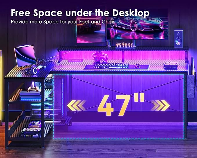 ODK 58 Inch Gaming Desk with USB Charging Ports and LED Lights, Reversible L Shaped Computer Desk with Storage Shelves & Monitor Stand, Corner Gamer Desk Table with Power Outlets, Black
