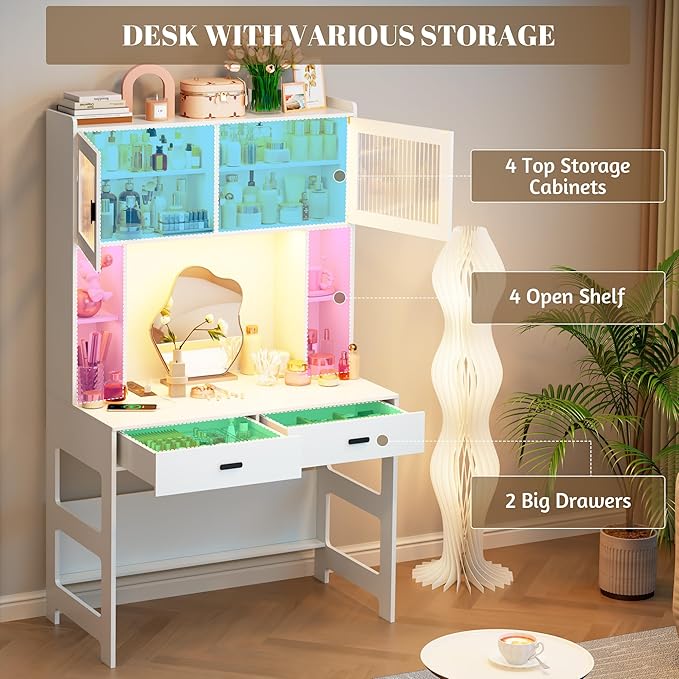 Vlsrka Home Office Desk with Hutch and Drawers, 40" Computer Desk with Storage Shelves and LED Lights, Modern Wooden Writing Study Table with Charging Station for Bedroom, White