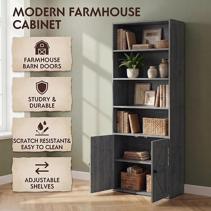 YESHOMY Farmhouse Bookshelf and Bookcase with Doors, Industrial Bookshelves and Bookcases Floor Standing Display 6-Tier Shelf Storage Shelves 71.5 inchs for Home Office, Living Room, Gray, 1 PCS