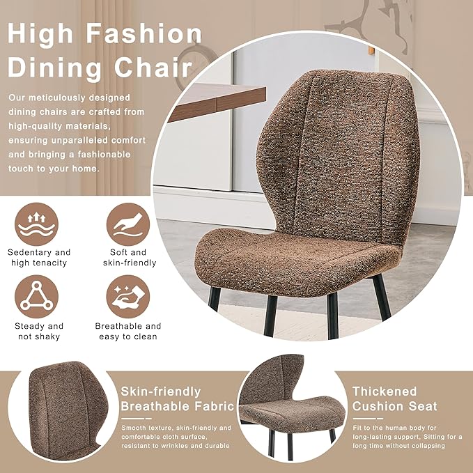4 sets of retro and minimalist brown fabric dining chairs with spacious and comfortable cushions.Black metal legs and adjustable feet, suitable for dining room, study & office ,etc. Precise dimensio