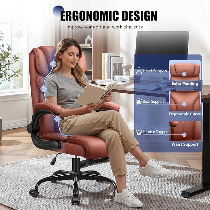 Primy Office Chair, Ergonomic Leather Desk Chair with Flip-up Armrests, Big and Tall High Back Executive Computer & Gaming Chair with Footrest, Comfy Padded, Rocking Function and Lumbar Support(Brown)