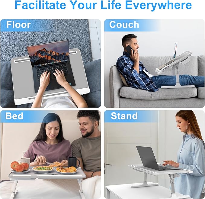 HETTHI Laptop Desk for Bed, Adjustable Bed Table with Leather Desktop, Foldable X-Large Laptop Bed Trays with Drawer for Bed Couch Floor Writing Working Reading Eating Painting (Gray, 23.6"×15.7")