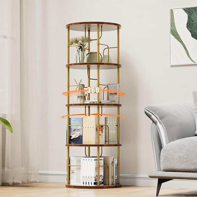 Flycity 4 Tier Rotating Bookshelf, 360° Corner Bookshelf Tower, Round Revolving Bookcase with Special Visible Partition Storage, Narrow Book Shelf Organizer for Living Room, Small Space, Gold