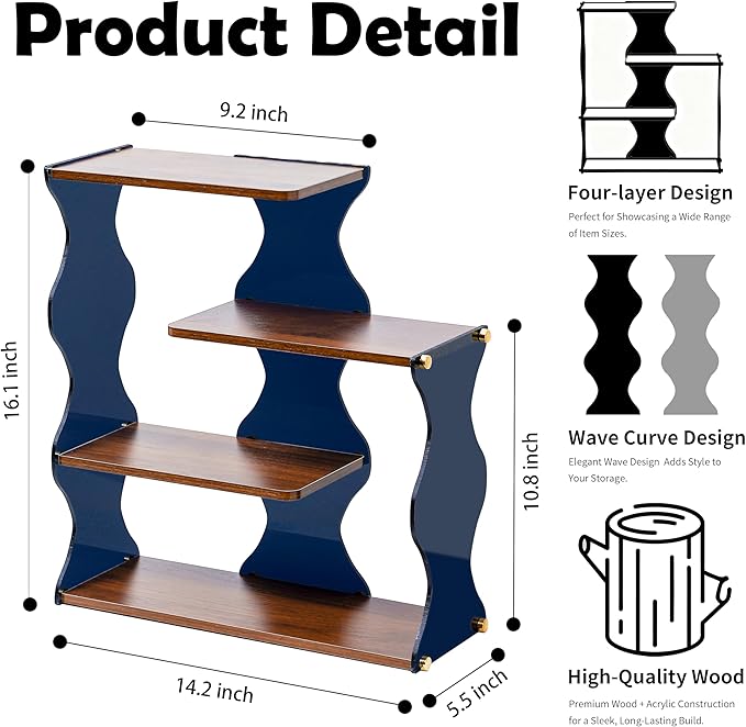 Acrylic Wave Perfume Organizer Shelf, 4-Tier Wood & Acrylic Desk Shelf Display for Perfume Storage, Modern Bathroom Counter Organizer for Cosmetics, Mugs and Small Decor