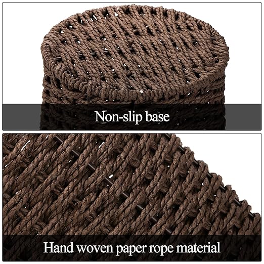 Bekith 2 Pack Small Wicker Waste Paper Basket Woven Basket Trash Can Wastebasket, Decorative Round Garbage Container Bin for Bedroom, Bathroom, Home Offices, Laundry, Brown