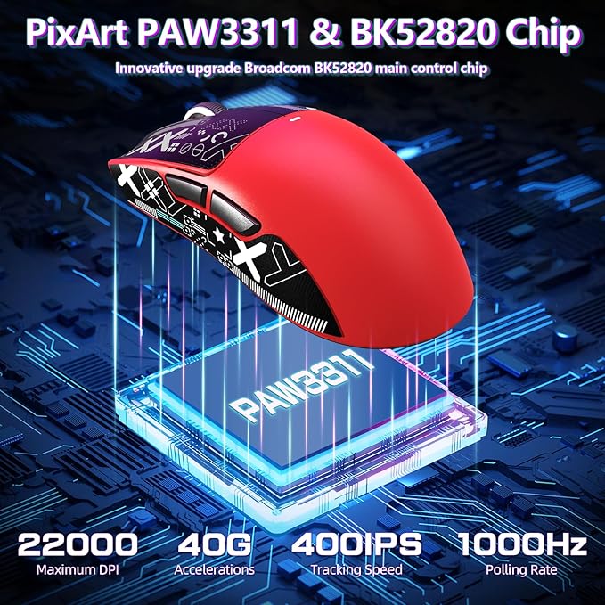 MAMBASNAKE Attack Shark X11SE Lightweight Wireless Gaming Mouse, Tri-Mode 2.4G/USB-C Wired/BT, 22K DPI, PAW3311 Optical Sensor, 59g, 5 Programmable Buttons, 300mAh Battery for PC/Mac(Red-Griptape)