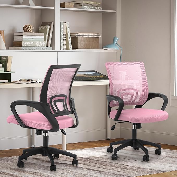 Magshion Office Chair Pack of 2, Ergonomic Mid-Back Mesh Desk Chair, Rolling Computer Chair with Lumbar Support & Comfy Armrests for for Gaming, Work, Study, 300 Lbs Capacity, Pink
