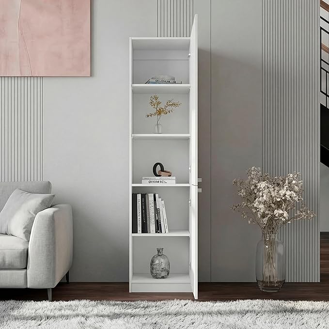 White Storage Cabinet with 5 Shelf Five spacious shelves provide organized storage for books, décor, and everyday essentials, supporting both display and functionality in one unit Versatile layout a