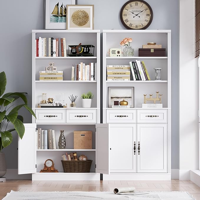 BORNOON 70.1" Tall Bookshelf with Drawers & Cabinet, 5-Tier Floor Standing Bookcase with Storage Doors, Adjustable Shelves & Metal Handles, 31.5" Wide Organizer for Home Office, Living Room