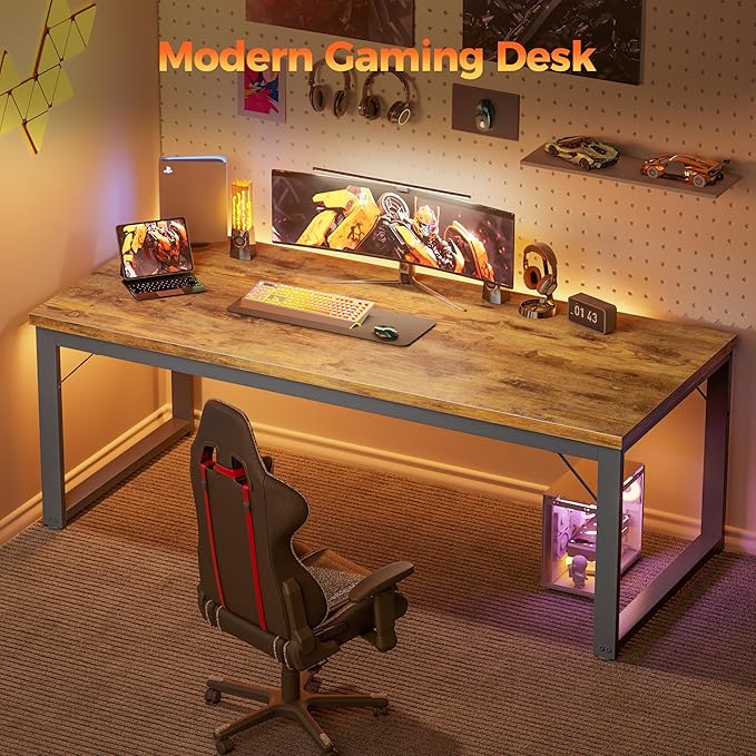Mericonia 54 Inch Computer Desk, 1" Thick Heavy Duty Industrial Office Desk, Modern Simple Study Writing Table for Home Office Bedroom Workstation, Brown