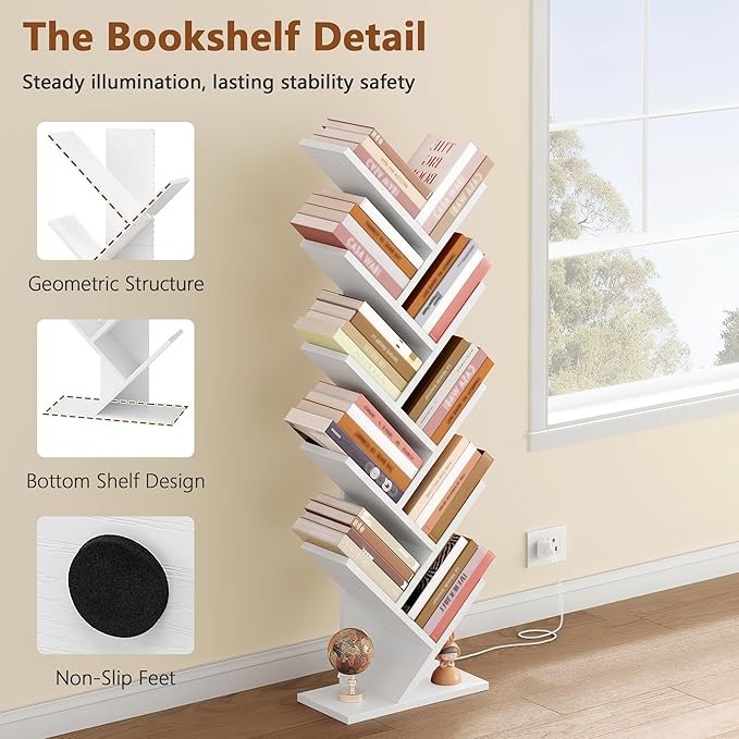 Hoctieon 10 Tier Tree Bookshelf, Tall Bookcase, Freestanding Book Shelf with LED Lights, Display Floor Standing Storage Shelf, Book Organizer Shelves for Home Office, Living Room, White