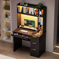 WOOVIVS Home Office Desk with Hutch & LED Lights - 39" Computer Desk with Charging Station, 3 Large Drawers, Hidden Compartment & Fluted Panel Design,Black Writing Desk for Bedroom, Study