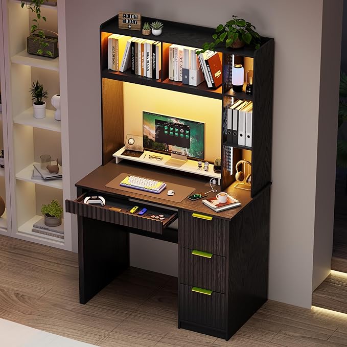 WOOVIVS Home Office Desk with Hutch & LED Lights - 39" Computer Desk with Charging Station, 3 Large Drawers, Hidden Compartment & Fluted Panel Design,Black Writing Desk for Bedroom, Study