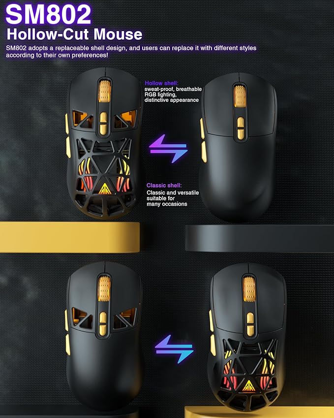 SOLAKAKA SM802 Wireless Gaming Mouse,10000 DPI,Tri-Mode Wired/BT 5.0/2.4GHz Wireless Mouse with Side Button, RGB Programmable Macro Mouse for Laptop (Black)