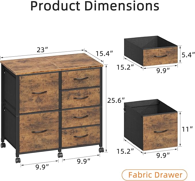 HIGDBFE 6 Drawer Mobile Lateral File Cabinet, Rolling Printer Stand, Under Desk Filing Cabinet Fits A4 Files, Home Office Storage Fabric Cabinet, 2X Space, Rustic Brown, 23''