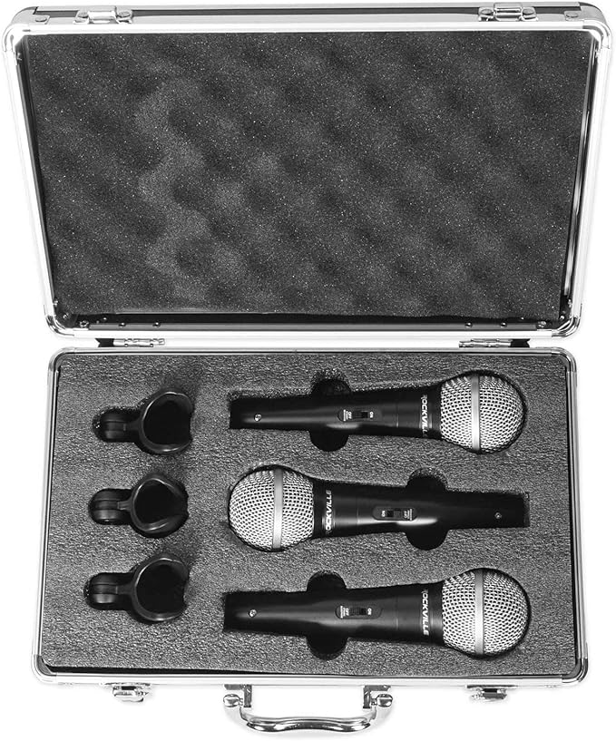 Rockville RMC-3PK Dynamic Microphones 3 Pack, Uni-Directional, Metal Build, XLR, Clear Sound, Low Background Noise, Durable Case, for Vocals, Instruments, DJs